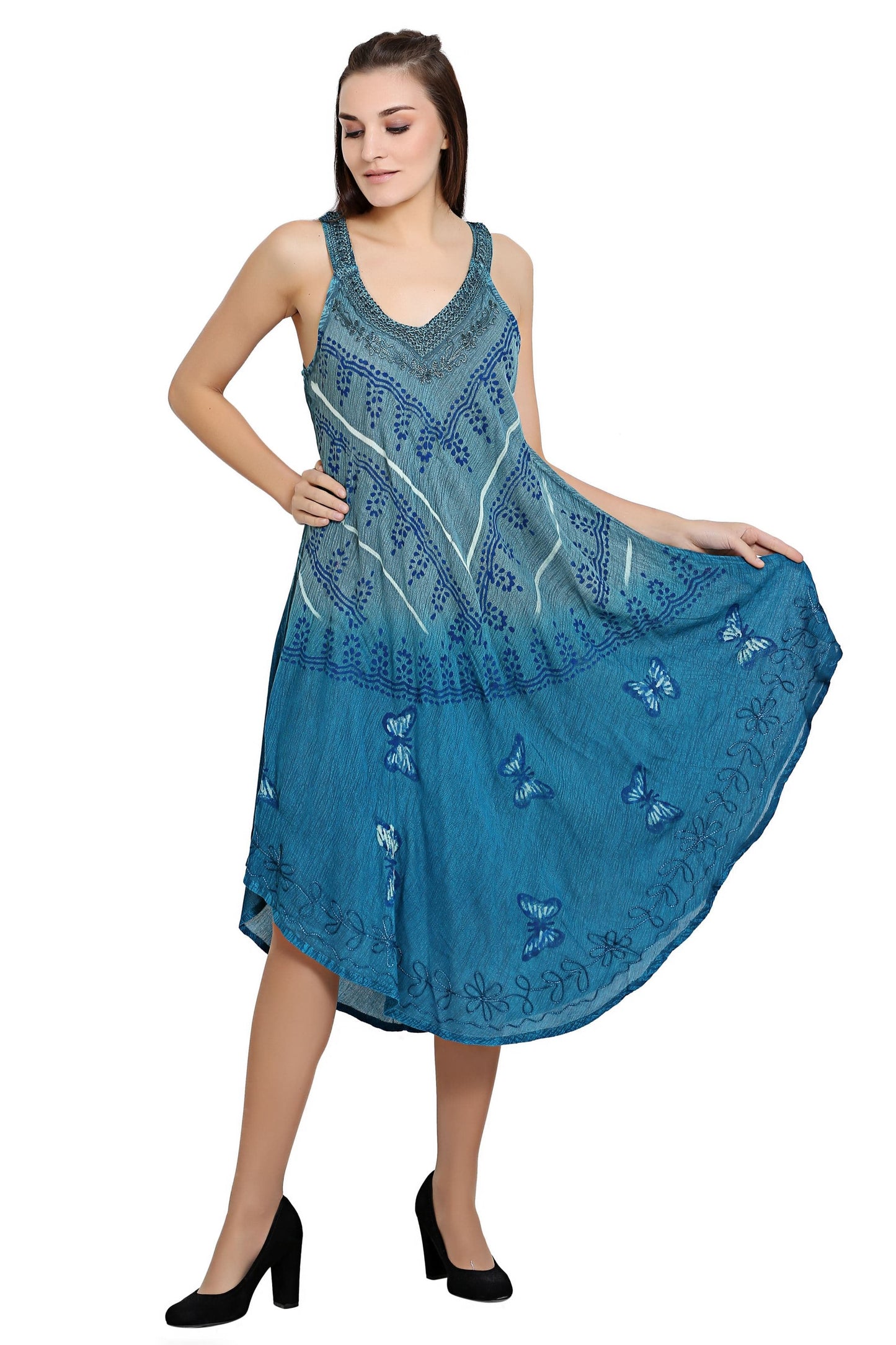 Butterfly Block Print V-Neck Sleeveless Tie Dye Umbrella Dress