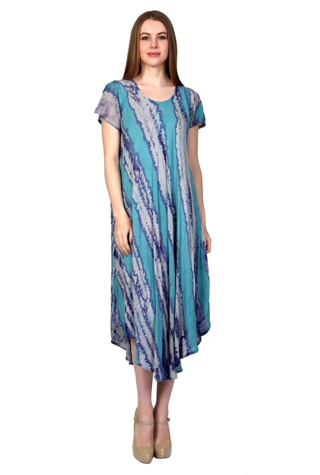 Cap Sleeve Tie Dye Umbrella Dress Block Print 17809