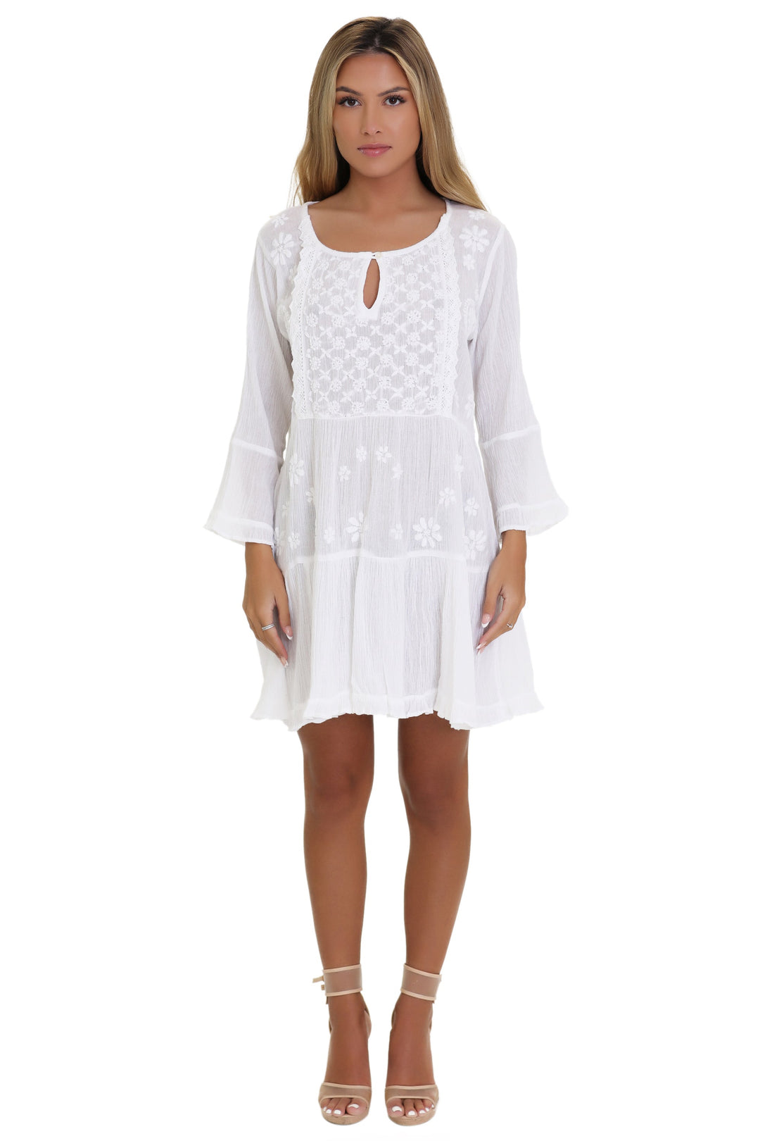 Long Sleeve Hand Embroidered White Dress WD-21113