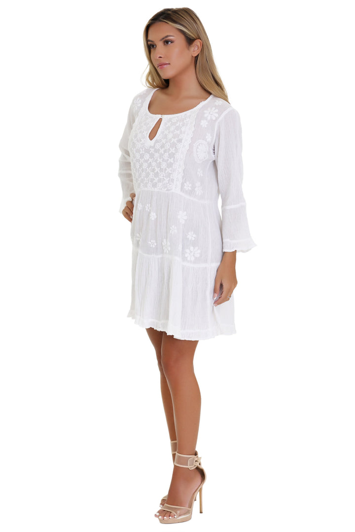 Long Sleeve Hand Embroidered White Dress WD-21113