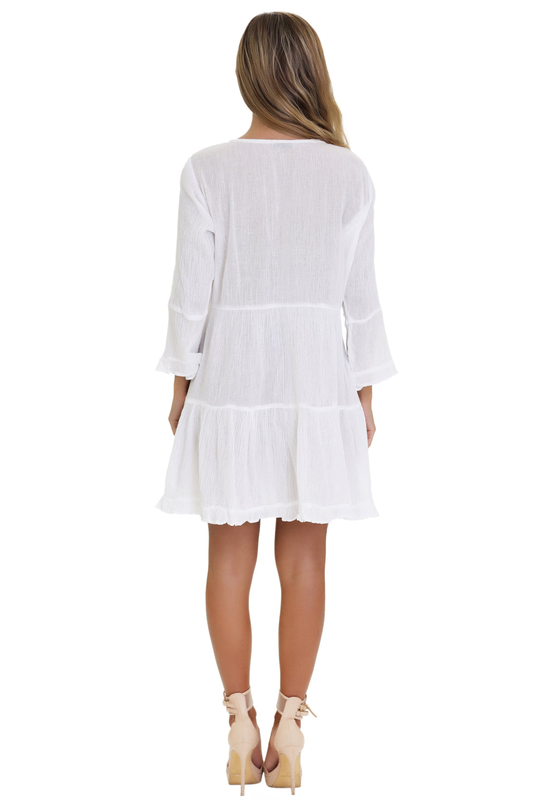 Long Sleeve Hand Embroidered White Dress WD-21113