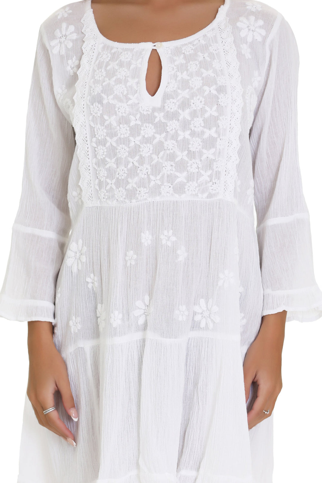 Long Sleeve Hand Embroidered White Dress WD-21113