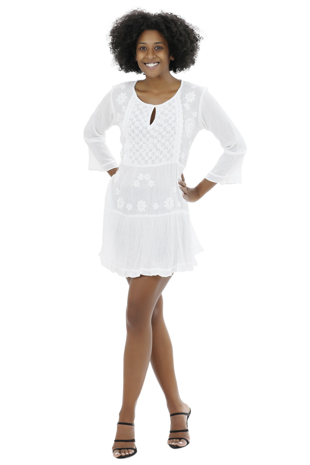 Long Sleeve Hand Embroidered White Dress WD-21113