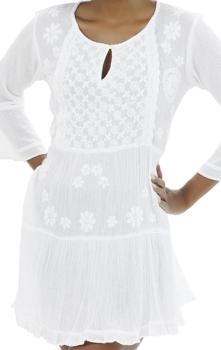 Long Sleeve Hand Embroidered White Dress WD-21113