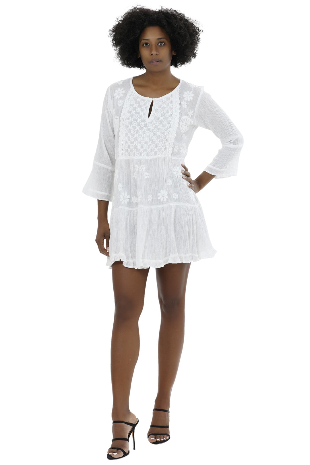 Long Sleeve Hand Embroidered White Dress WD-21113