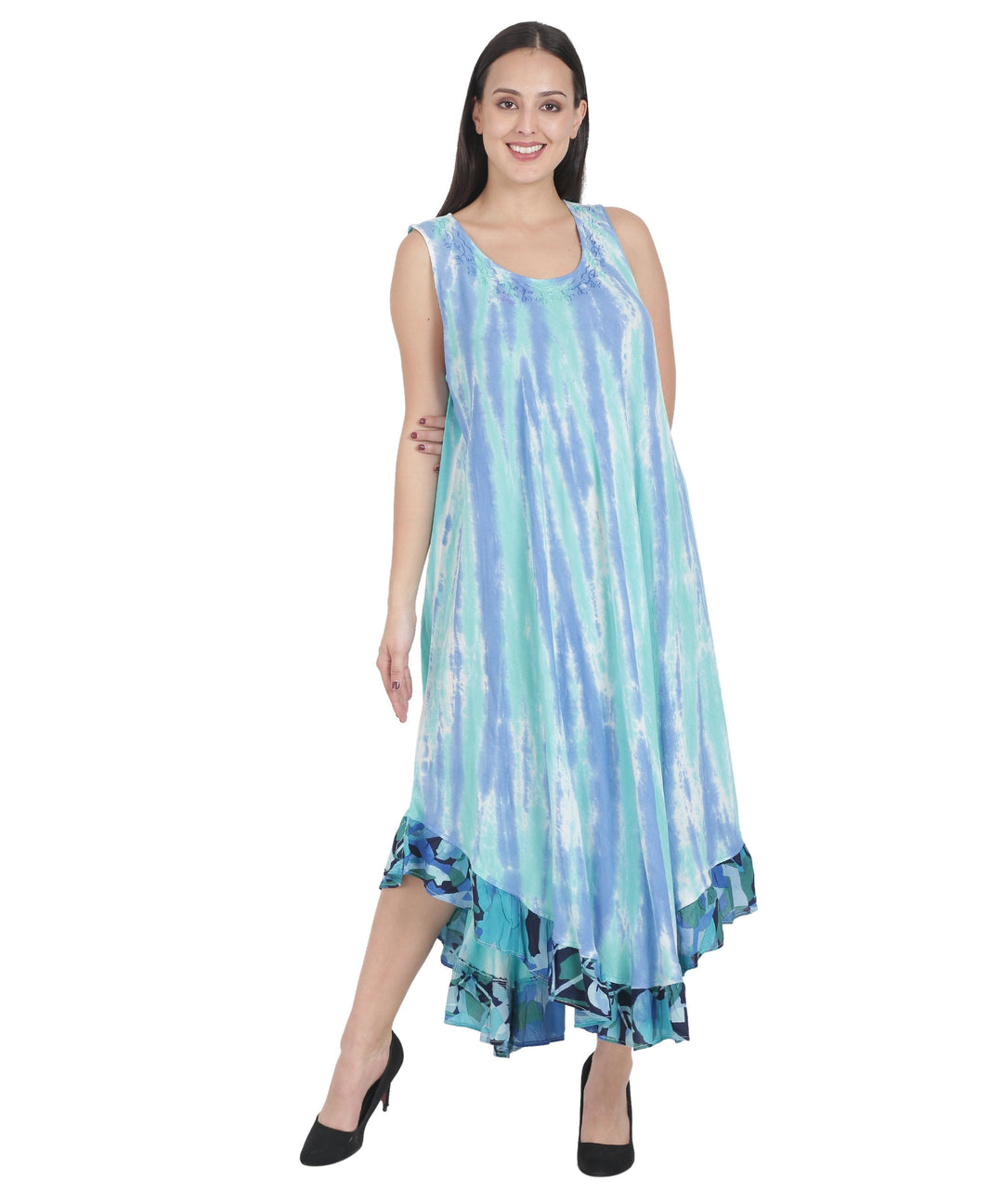 Long Sleeveless Tie Dye A-Line Dress Printed Hem