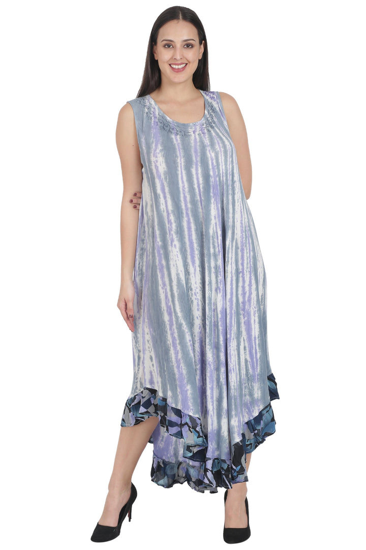 Long Sleeveless Tie Dye A-Line Dress Printed Hem