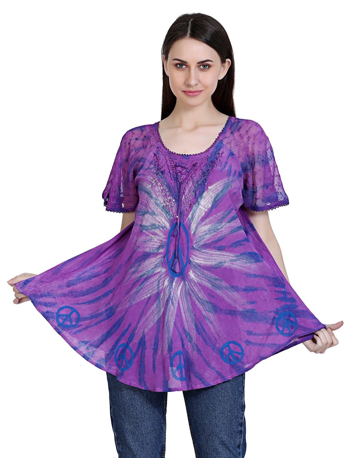 Peace Sign Tie Dye Cap Sleeve Blouse 19216