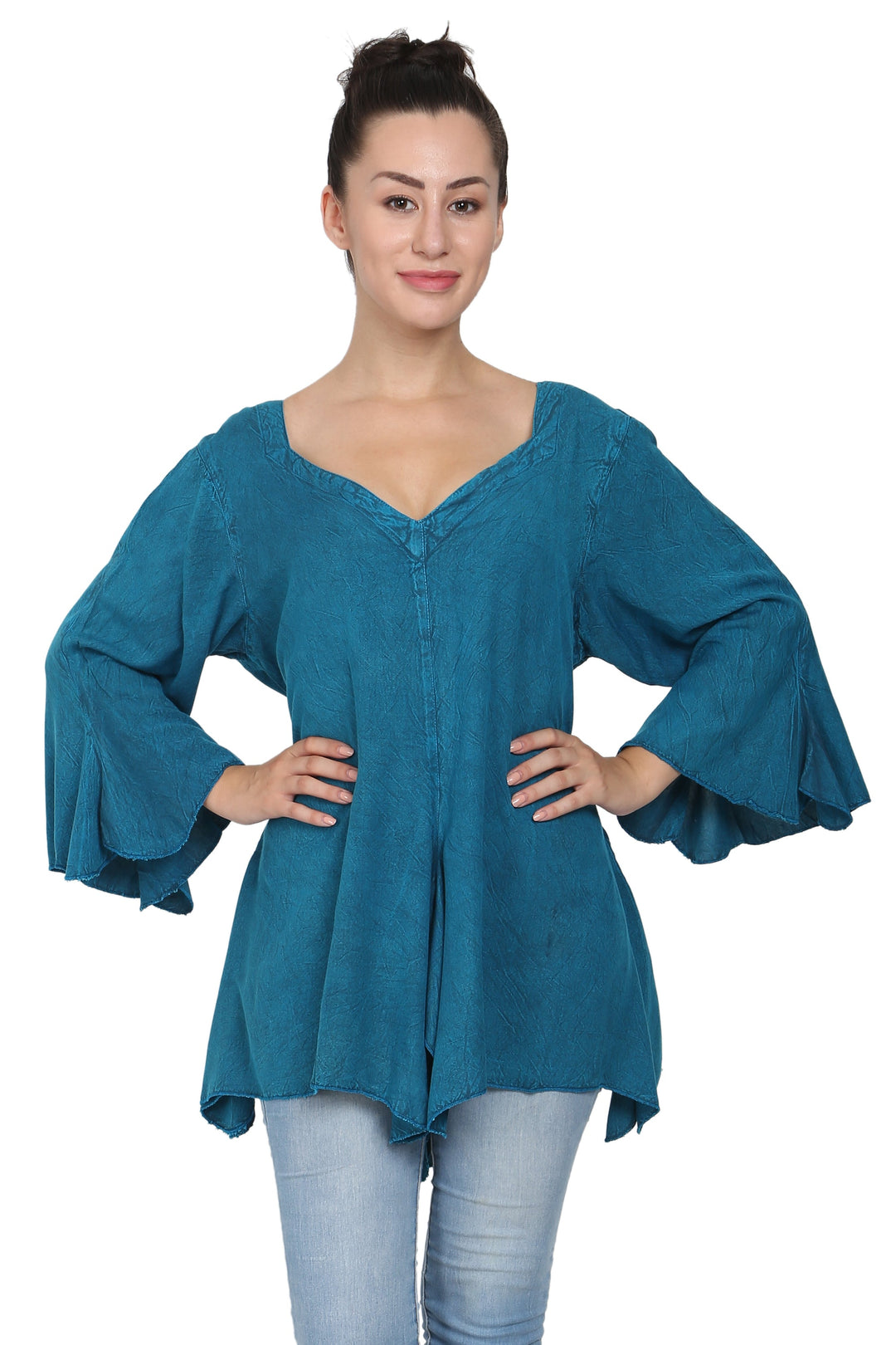 Renaissance Acid Wash Blouse 3/4 Sleeve Embroidered 1661  (S/M-1X/2X)