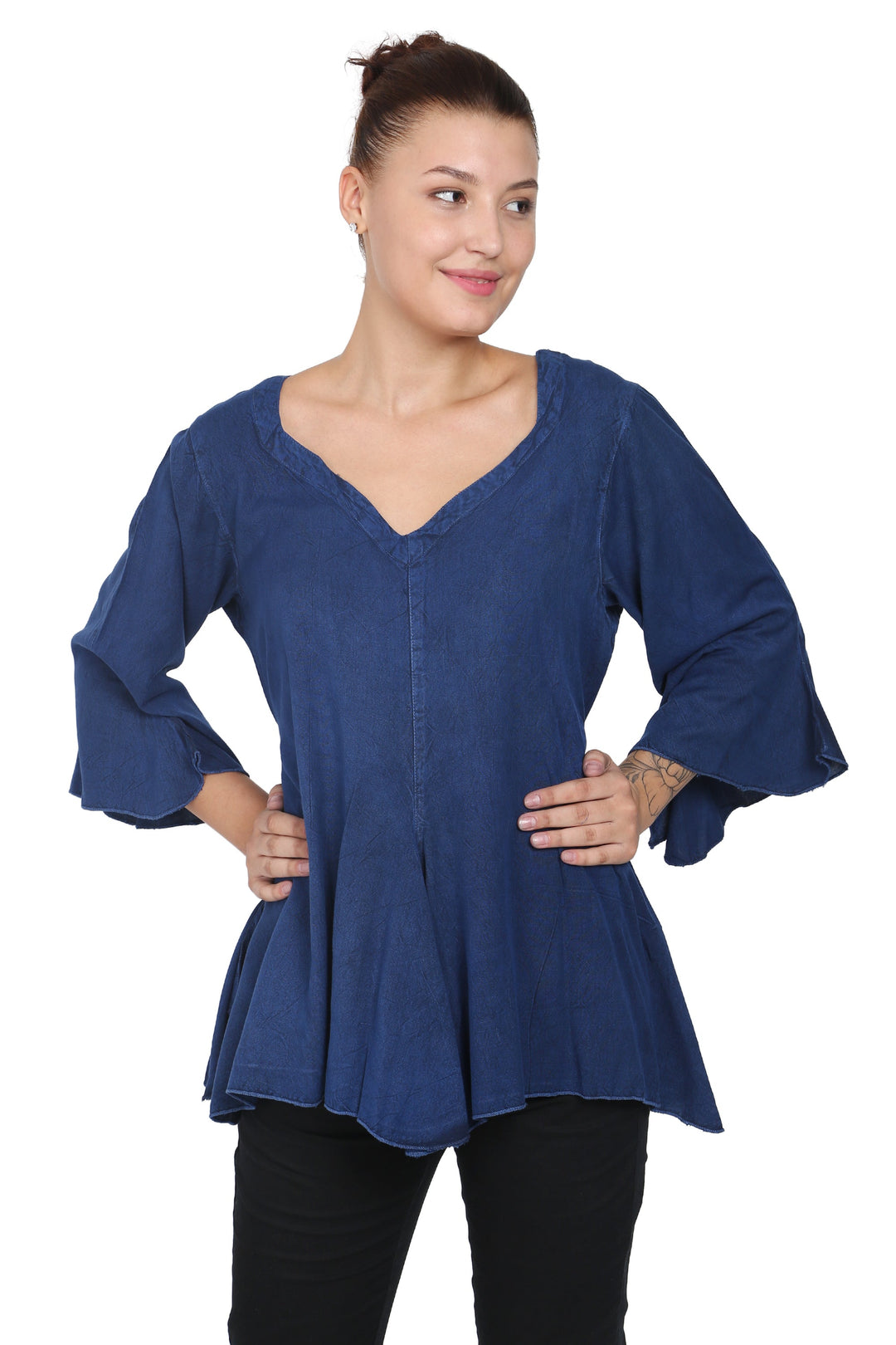 Renaissance Acid Wash Blouse 3/4 Sleeve Embroidered 1661  (S/M-1X/2X)