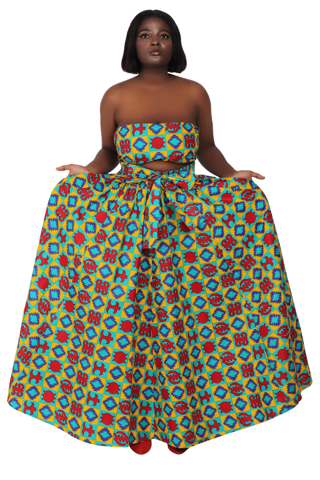 African Print Wax Print Skirt One Size Fits Most Headwrap Included Elastic Waist Pockets 16317-203