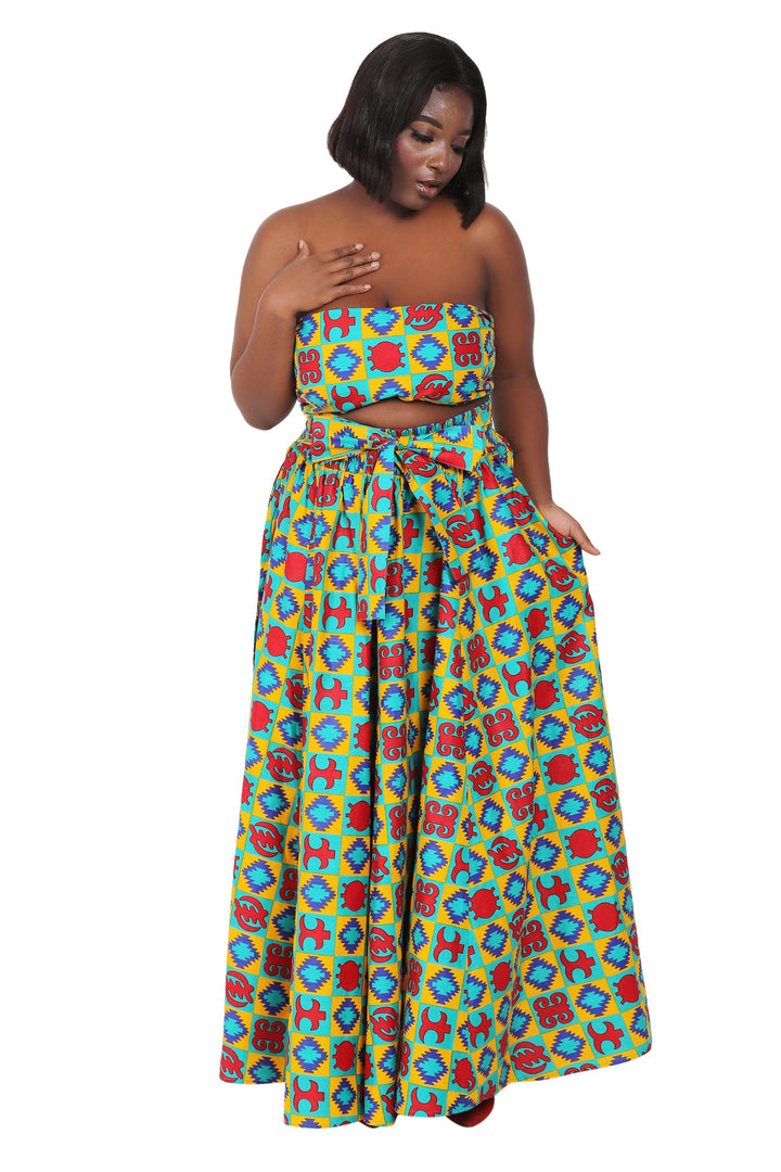 African Print Wax Print Skirt One Size Fits Most Headwrap Included Elastic Waist Pockets 16317-203