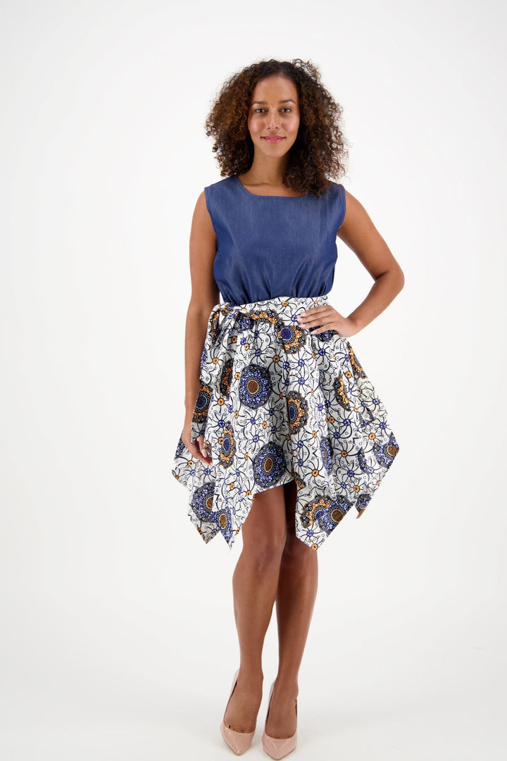 Denim/Ankara Print Sleeveless Fairytale Dress 2196-31