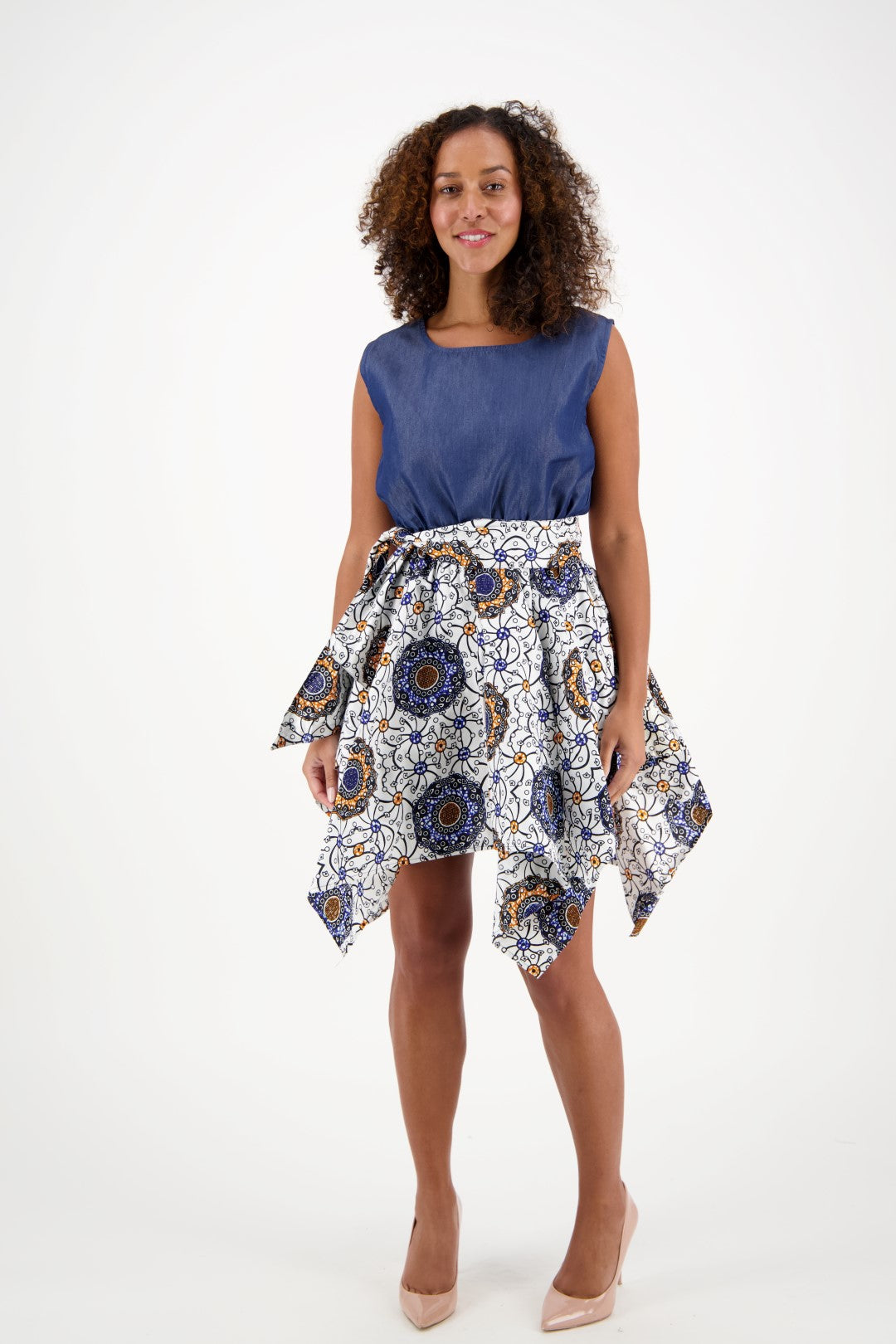 Denim/Ankara Print Sleeveless Fairytale Dress 2196-31