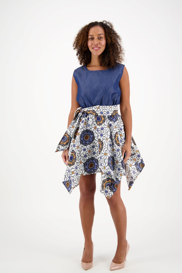 Denim/Ankara Print Sleeveless Fairytale Dress 2196-31