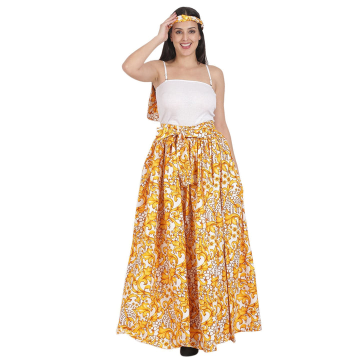 Gold Floral Print Ankara Long Maxi Skirt Elastic Waist 16317-97