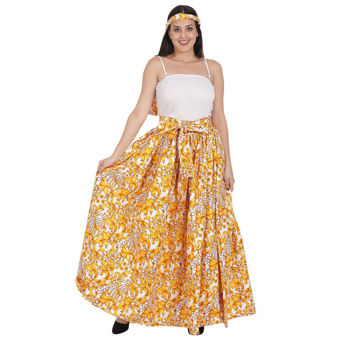 Gold Floral Print Ankara Long Maxi Skirt Elastic Waist 16317-97