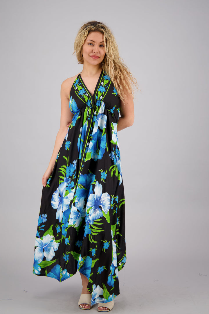 Halter Top Elastic Back Floral Print Dress 1972-BLK