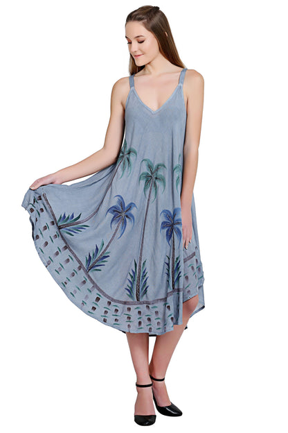 Hawaiian Palm Tree V-Neck Tie Dye Umbrella Dress 19333