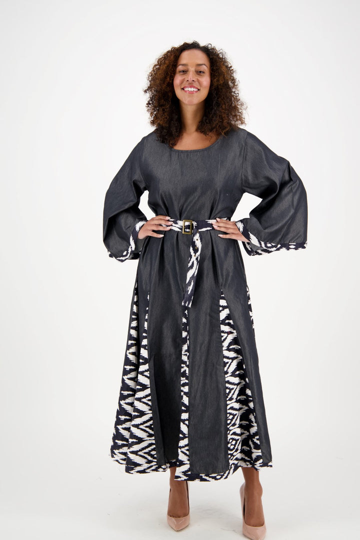 Long Sleeve Maxi Dress w/ Matching Ankara Print Belt 2193-419