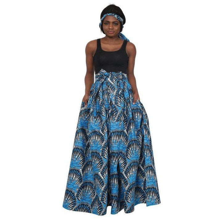 Ocean Blue African Print Long Maxi Skirt Elastic Waist 16317-80