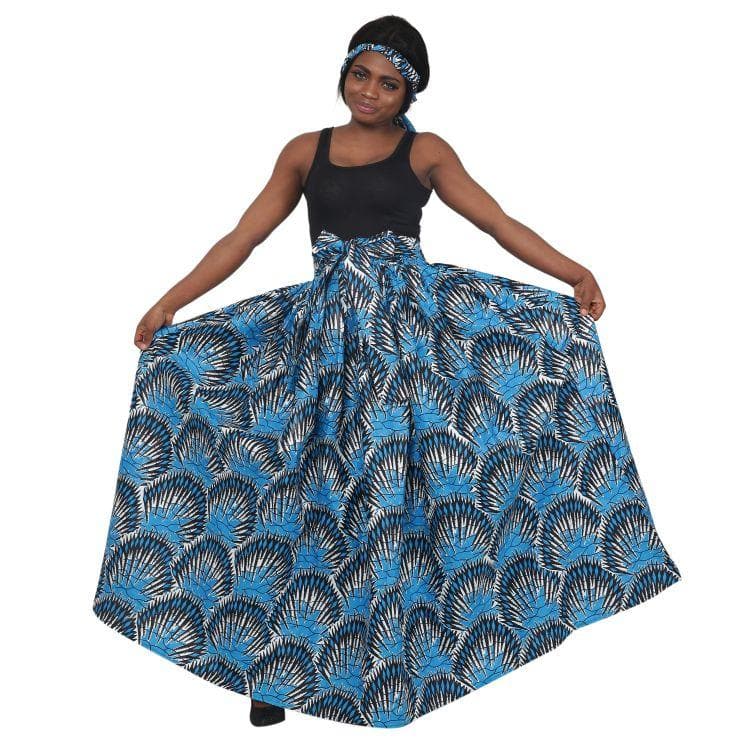 Ocean Blue African Print Long Maxi Skirt Elastic Waist 16317-80