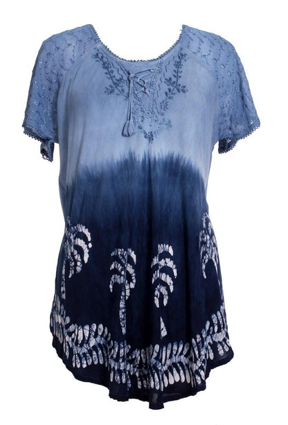 Palm Tree Print Ombre Dye Cap Sleeve Blouse 18713