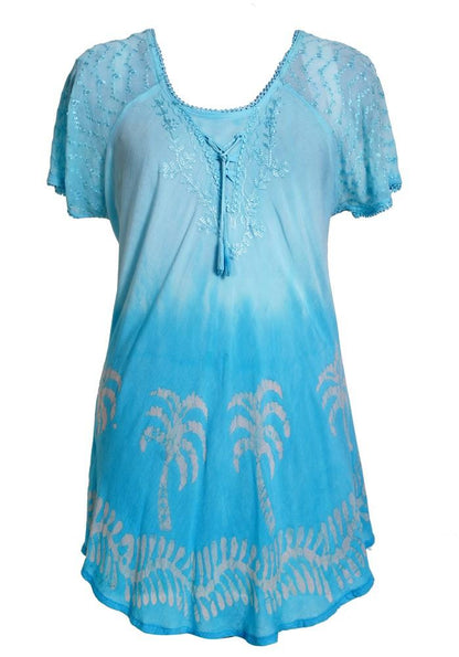 Palm Tree Print Ombre Dye Cap Sleeve Blouse 18713