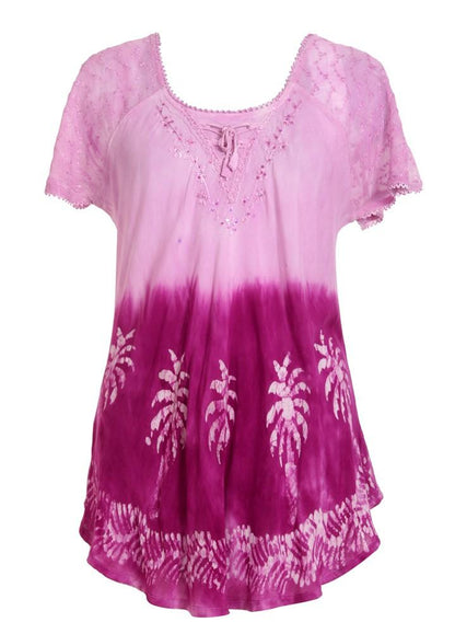 Palm Tree Print Ombre Dye Cap Sleeve Blouse 18713