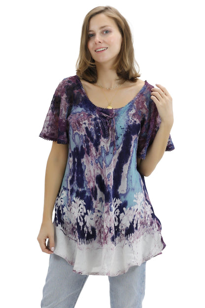 Palm Tree Tie-Dye Blouse Cap Sleeve 17776