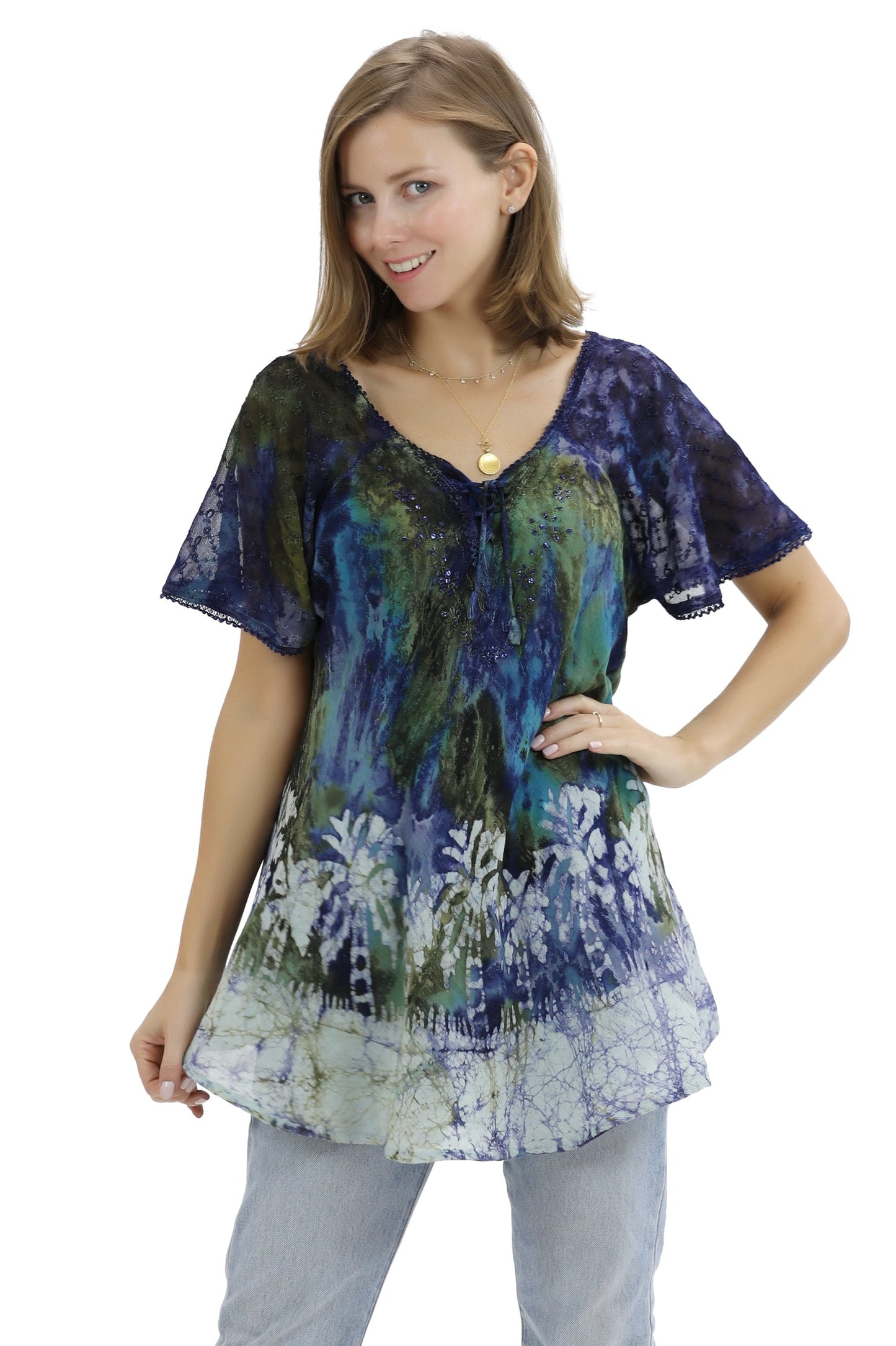 Palm Tree Tie-Dye Blouse Cap Sleeve 17776