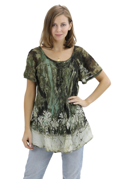 Palm Tree Tie-Dye Blouse Cap Sleeve 17776