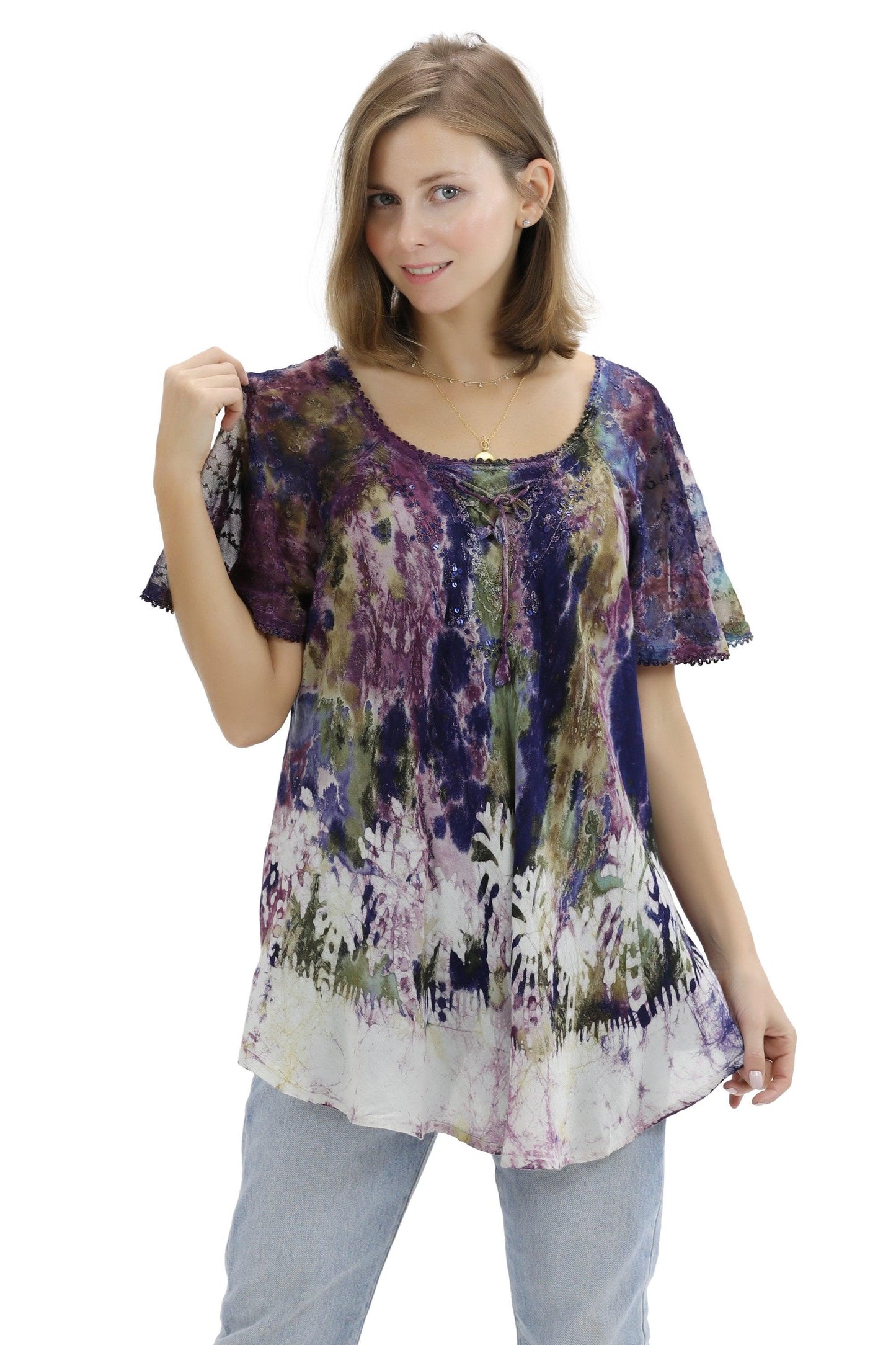 Palm Tree Tie-Dye Blouse Cap Sleeve 17776