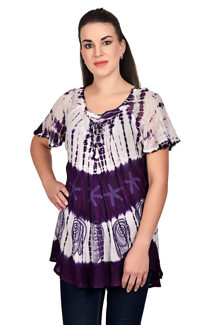 Seashell Print Tie Dye Cap Sleeve Blouse 19202