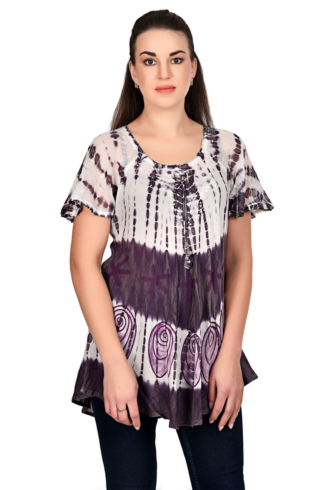 Seashell Print Tie Dye Cap Sleeve Blouse 19202