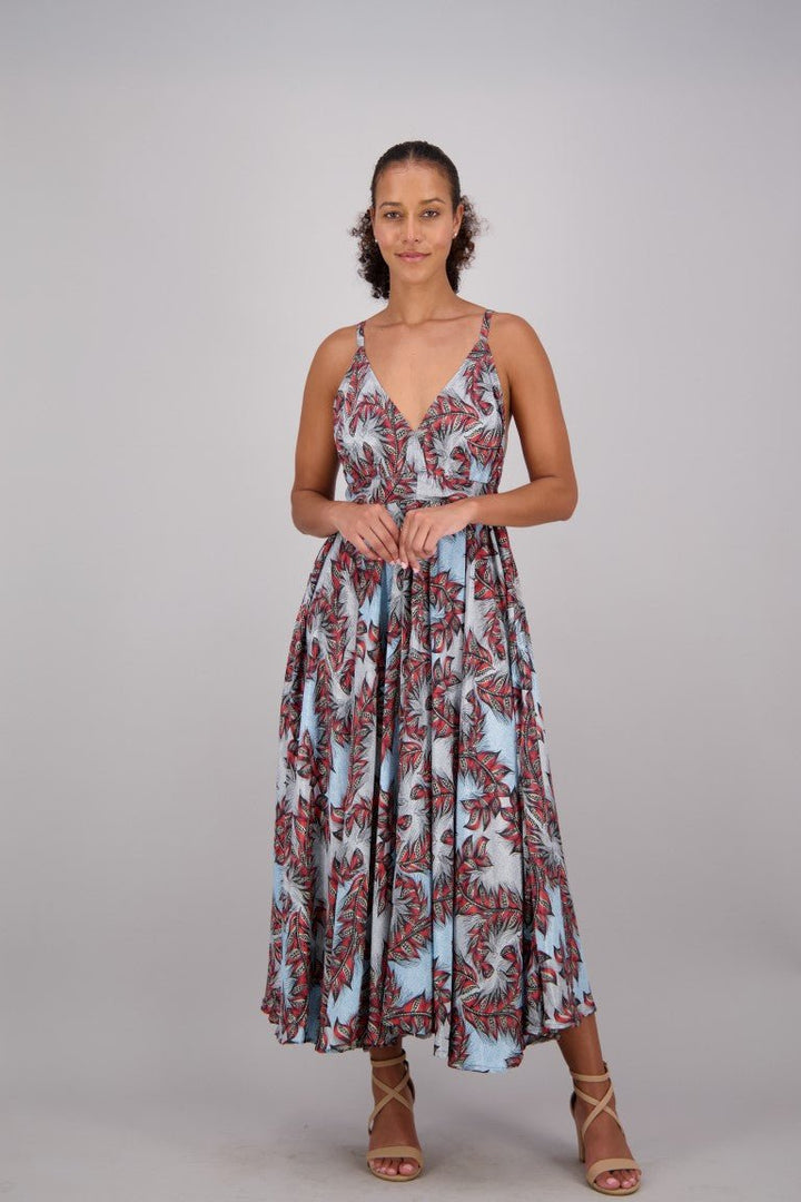 Blue + Red Floral Print Silk Maxi Dress AB16064