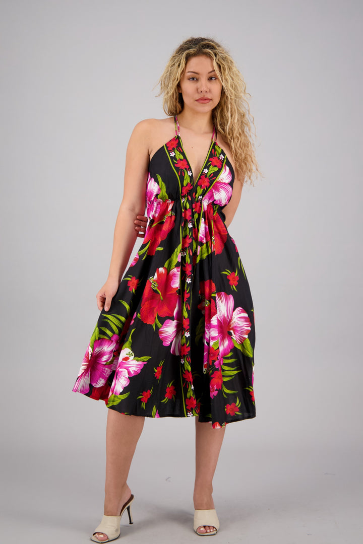 Floral Print Halter Top Scarf Dress 1973-BLK