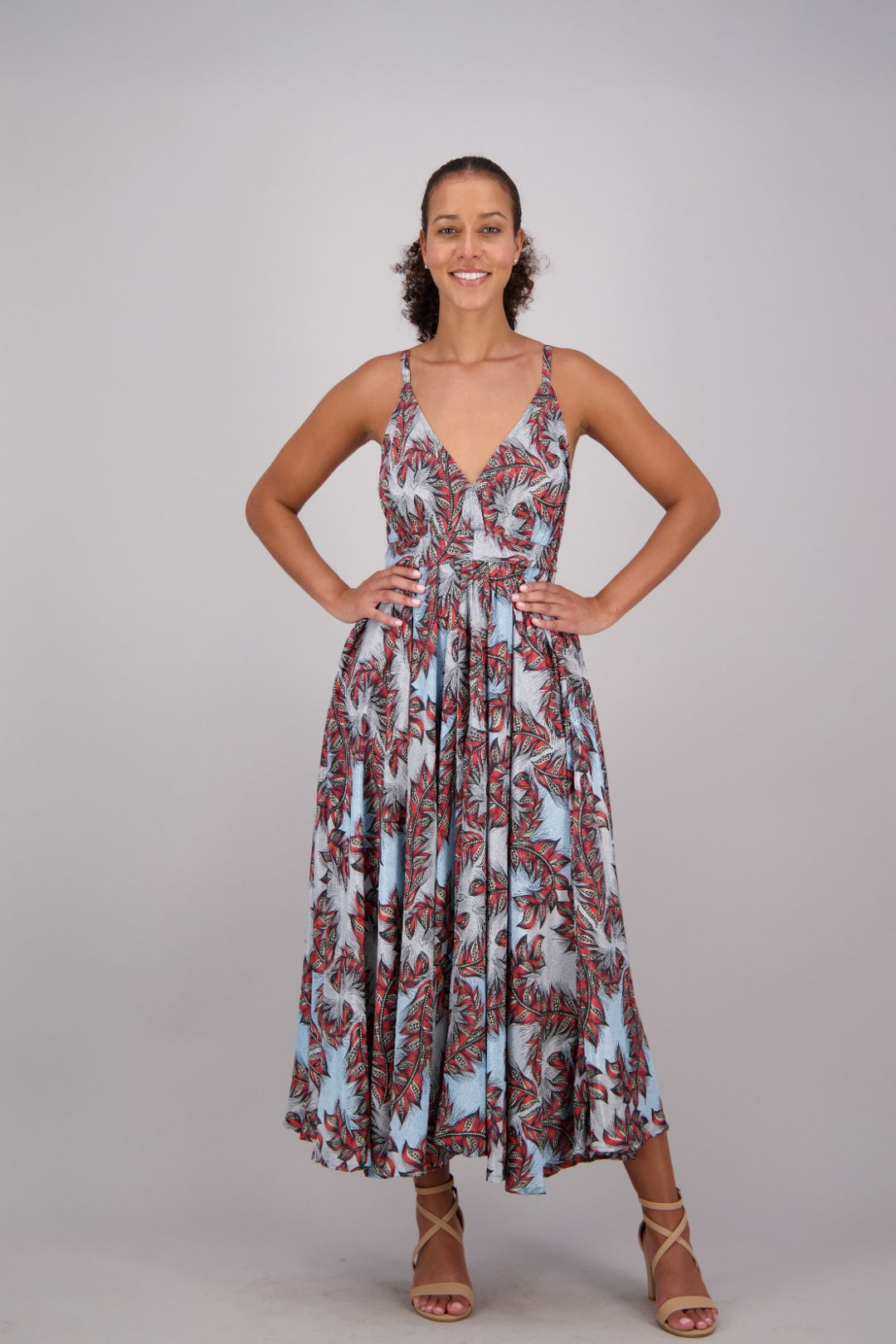 Blue + Red Floral Print Silk Maxi Dress AB16064