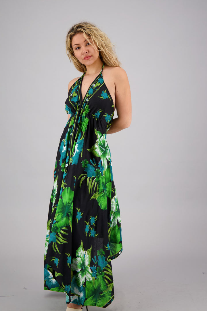 Halter Top Elastic Back Floral Print Dress 1972-BLK