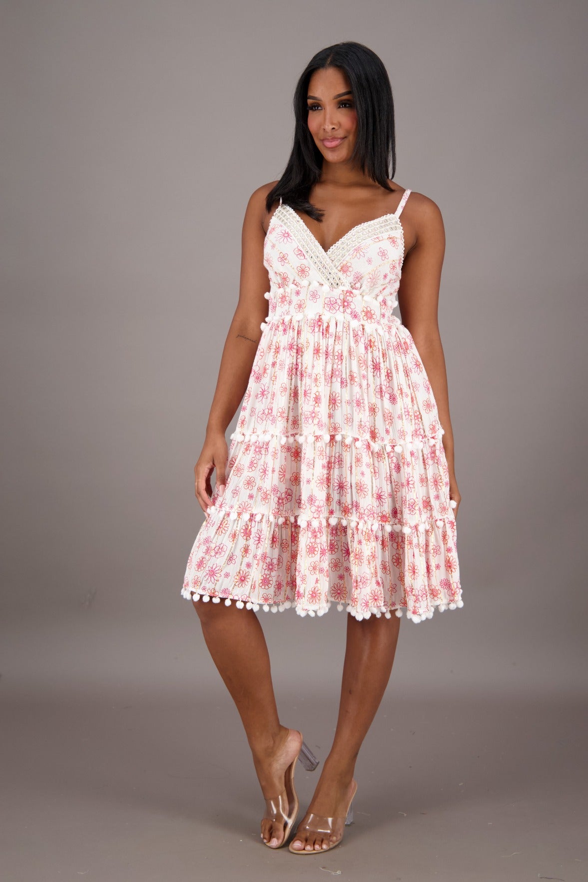 Floral Pom Pom Trim Midi Dress 24725