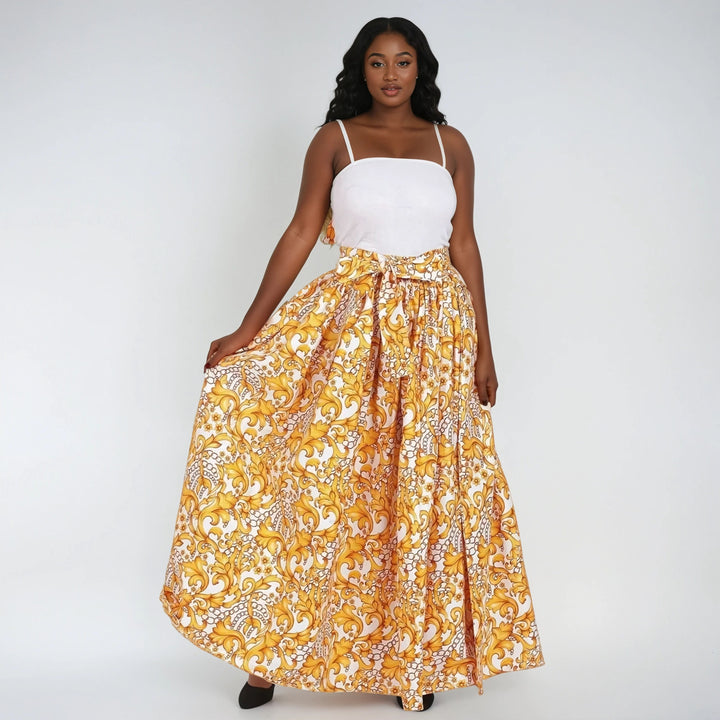 Gold Floral Print Ankara Long Maxi Skirt Elastic Waist 16317-97