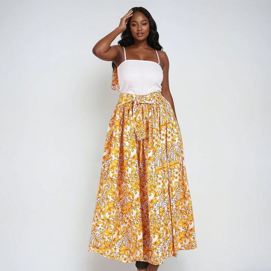 Gold Floral Print Ankara Long Maxi Skirt Elastic Waist 16317-97