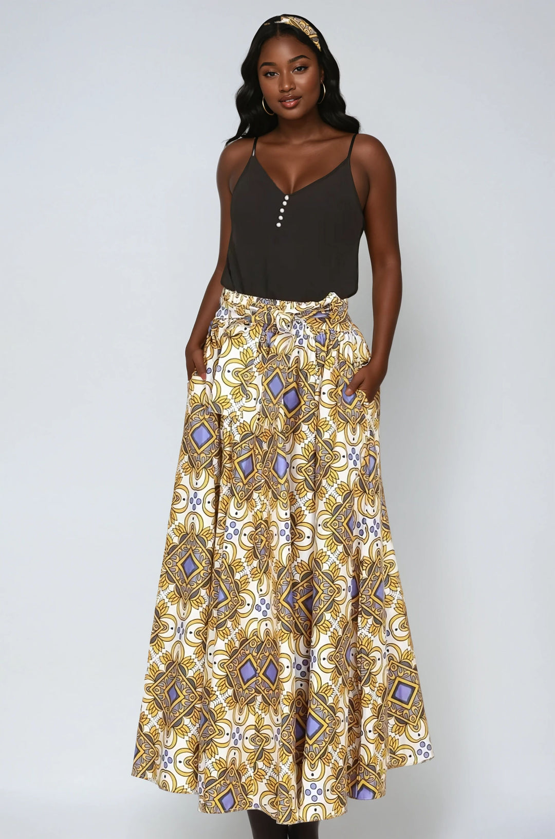 Gold African Print Wax Print Skirt One Size Fits Most Headwrap Included Elastic Waist Pockets 16317-617