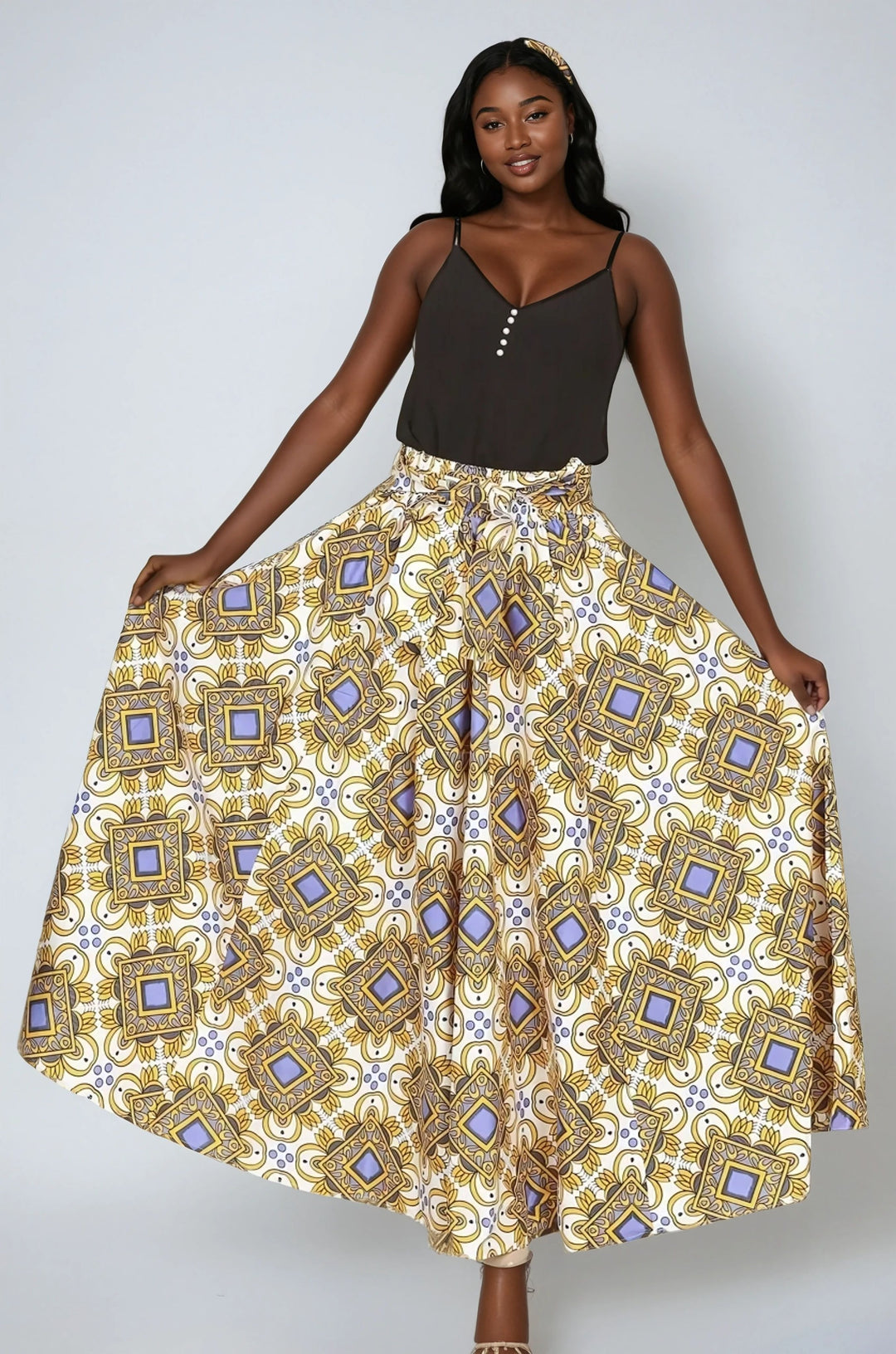 Gold African Print Wax Print Skirt One Size Fits Most Headwrap Included Elastic Waist Pockets 16317-617