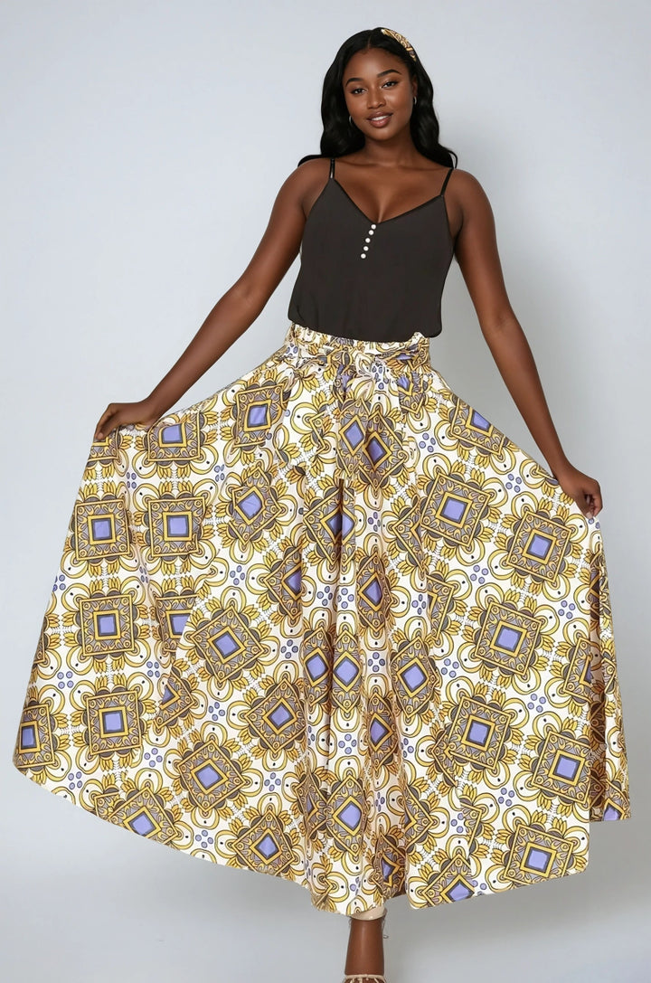 Gold African Print Wax Print Skirt One Size Fits Most Headwrap Included Elastic Waist Pockets 16317-617