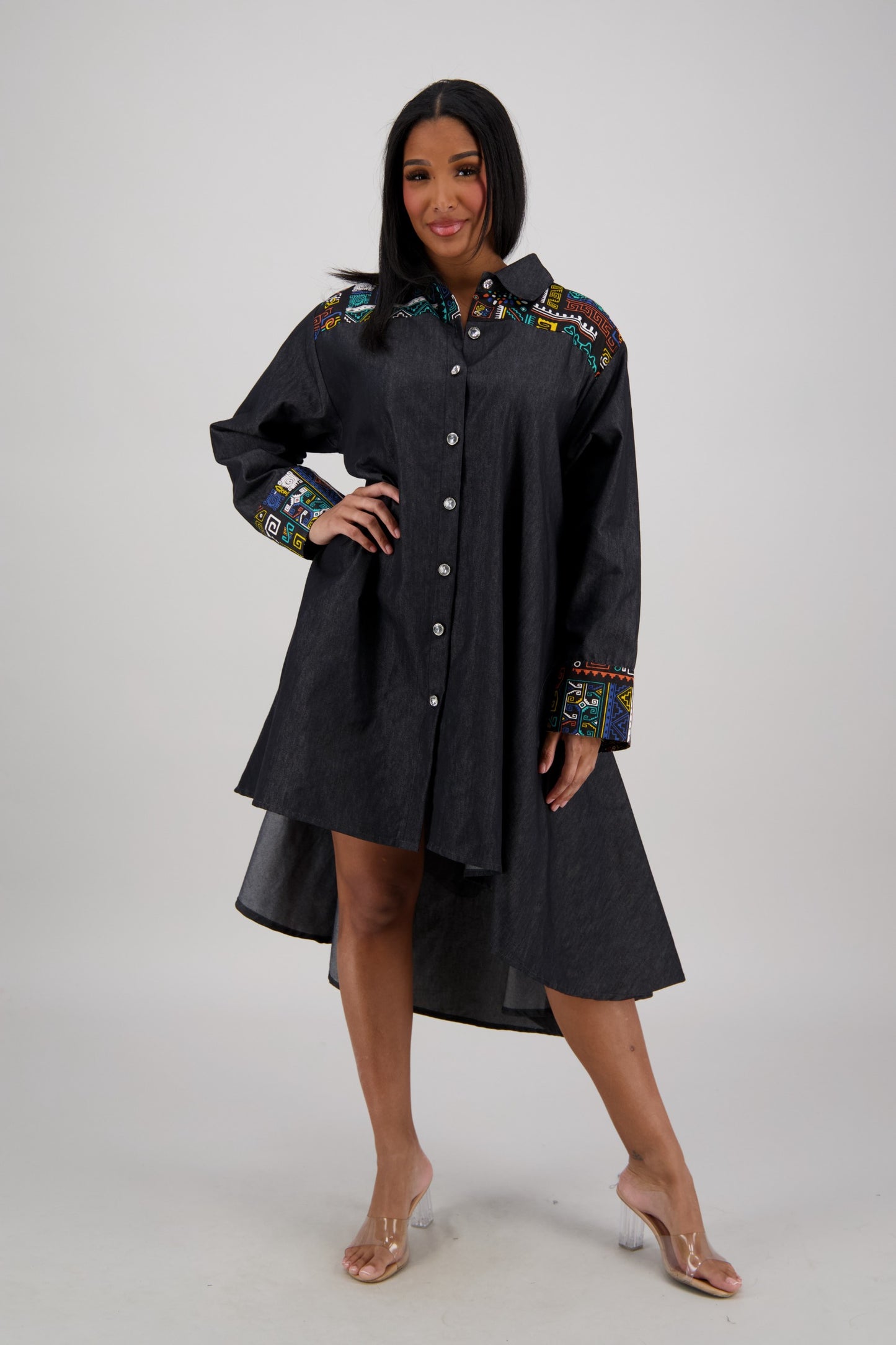 Vibrant Accents Hi-Lo Black Denim Dress AD-25092