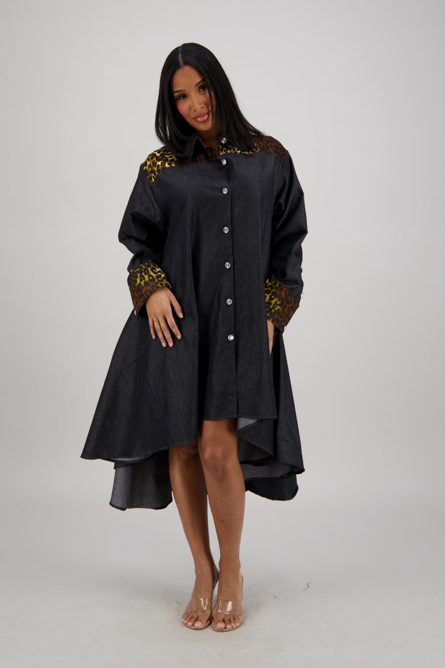 Hi-Lo Black Denim Dress with Leopard Details AD-25094