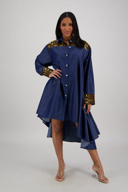 Hi-Lo Blue Denim Dress with Leopard Details AD-25094