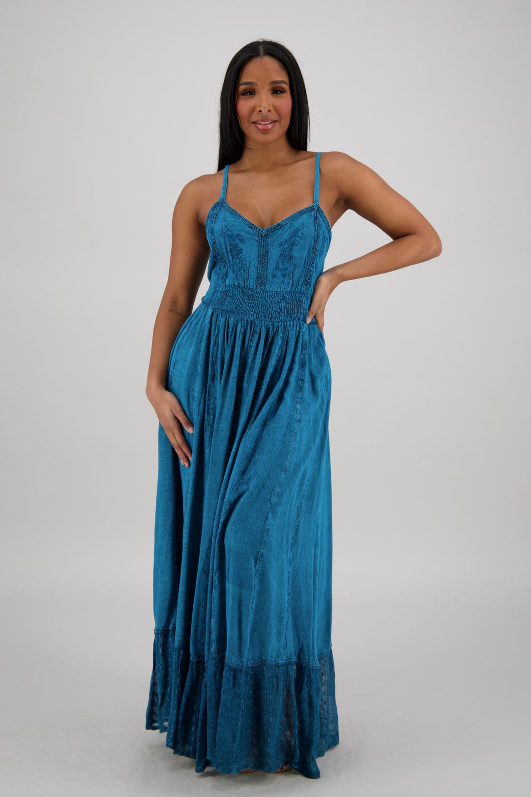 Sheer Hem Smocked Maxi Dress ADL-25324