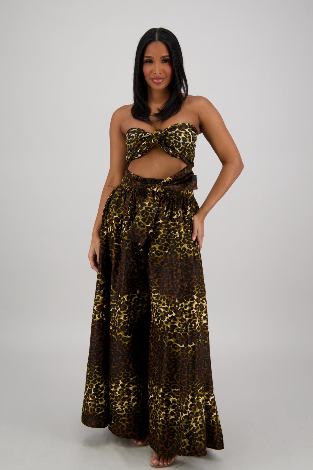 Brown-Gold Leopard Wide-Leg Palazzo Pants 61-275